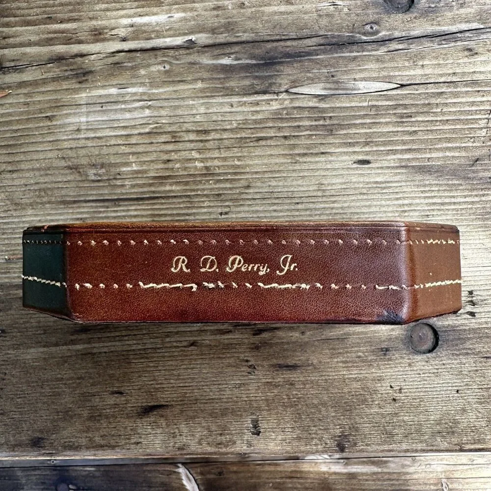 Vintage Ashtray MCM Glass exposed stitching Leather Monogrammed